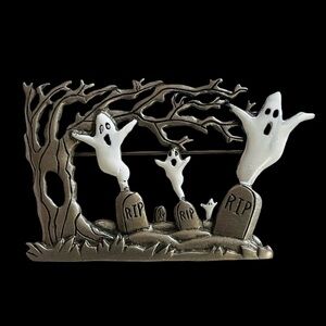 Vintage Signed JJ Pewter And Enamel Ghosts In Graveyard Brooch